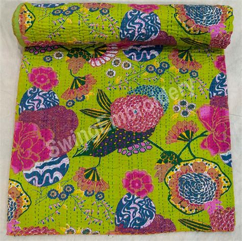 Cotton Kantha Quilt Floral Kantha Bedspread Indian Kantha Etsy