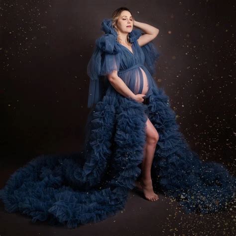 Dark Blue Puffy Tulle Maternity Gowns For Photoshoot Ruffled Tulle