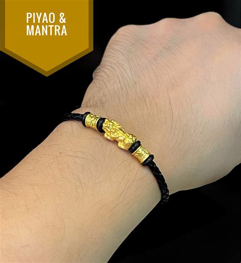 24K Real Pawnable HK Gold Piyao Mantra In Leather Bracelet For Men