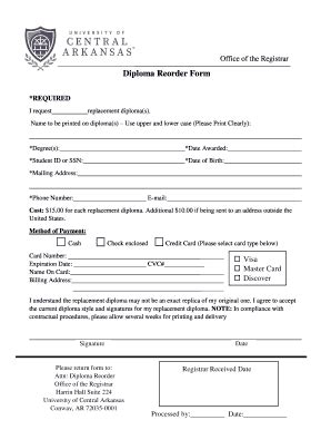 Fillable Online Uca Diploma Reorder Form University Of Central