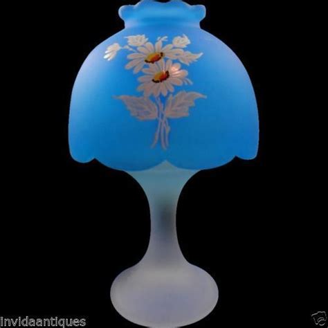 Westmoreland Fairy Lamp Clear Glass Base Blue Satin Daisy Painted Candle Light Fairy Lamp