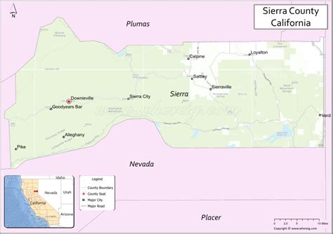 Map of Sierra County, California showing cities, highways & important ...