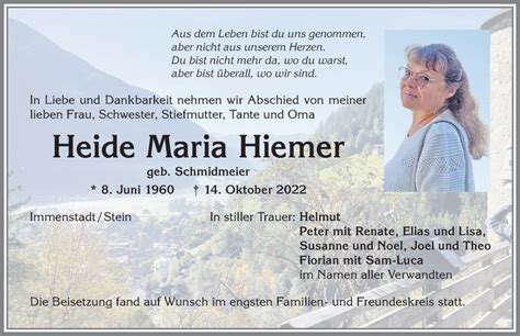 Traueranzeigen von Heide Maria Hiemer Allgäuer Zeitung