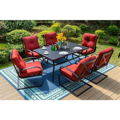 PHI VILLA 7 Piece Metal Patio Outdoor Dining Set With Slat Rectangle