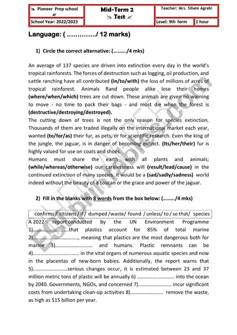 MID TERM 2 TEST 9th Form ESL Worksheet By Arrows