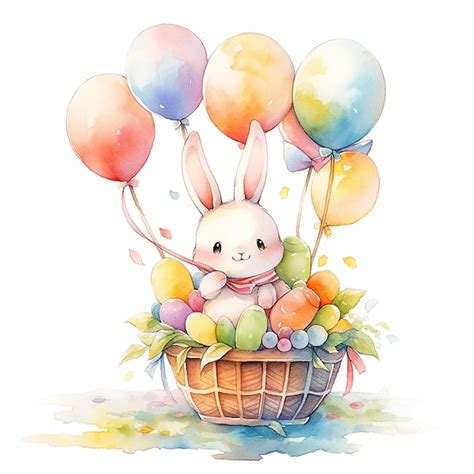 Conejo En Una Canasta Sosteniendo Globos Coloridos Ilustraci N De