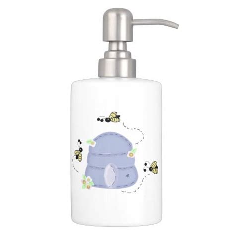 Busy Bees With Their Beehive Soap Dispenser And Toothbrush Holder