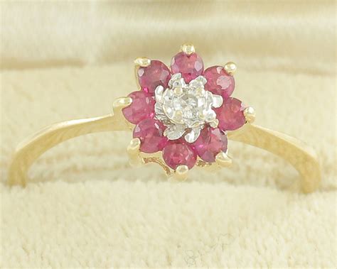 1980s 14K Ruby Diamond Flower Cluster Ring Yellow Gold 25 Carat