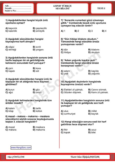 4 Sınıf Türkçe Ses Bilgisi Testi HangiSoru