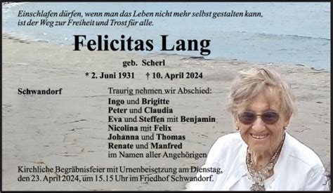 Traueranzeigen Von Felicitas Lang Mittelbayerische Trauer