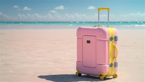 Une Sc Ne Au Bord De La Plage Avec Une Seule Valise Rose Attendant D