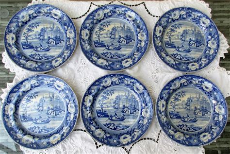 Set Of Six Antique English Georgian Davenport Blue And White Transfer