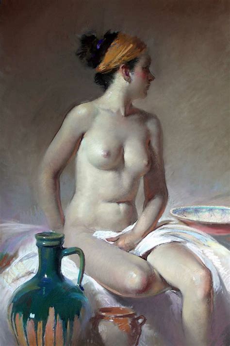 A Painting Of A Naked Woman Sitting On A Bed Next To A Vase And Bowl