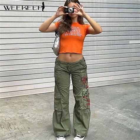 Sonicelife Vintage Women S Jeans Grunge 90s Low Waist Wide Leg Cargo P