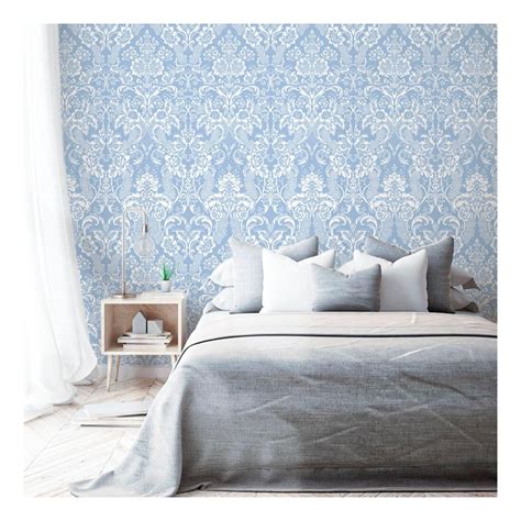 Papel De Parede Arabesco Damasco Jacquard Branco E Azul