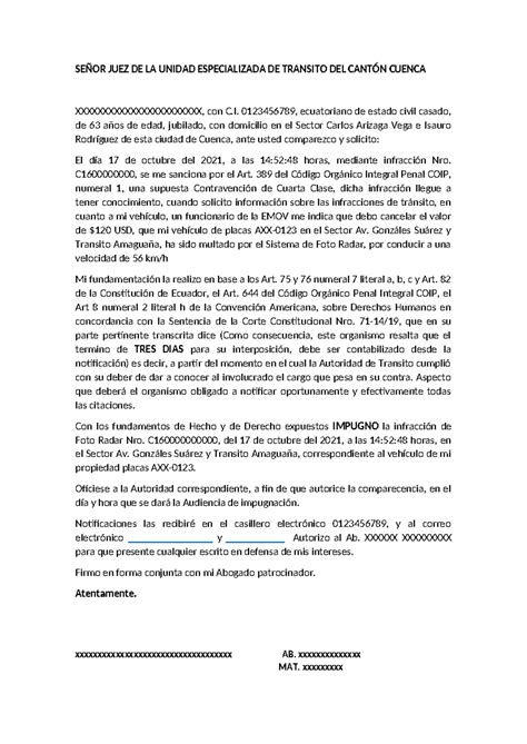 Modelo Impugnacion Se Or Juez De La Unidad Especializada De Transito