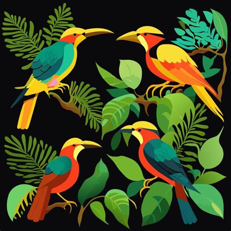 Diseños planos de aves de la selva tropical Vector Premium