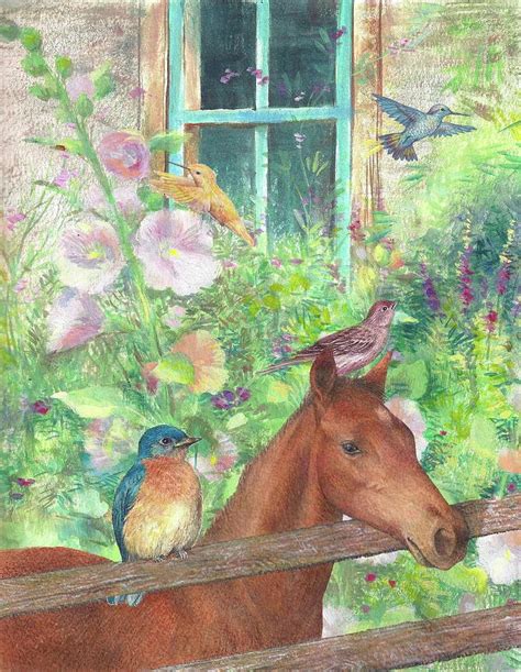 Illustrated Horse And Birds In Garden By Judith Cheng