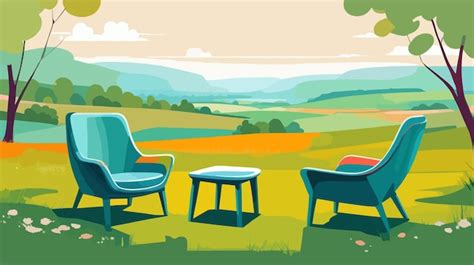 Ilustración vectorial de dos sillas y una mesa en un campo Vector Premium