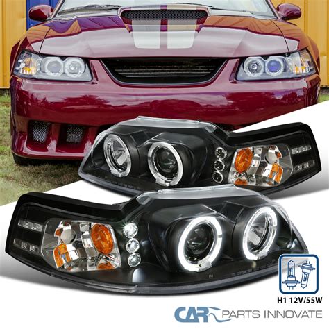 Ford 99 04 Mustang Replacement Black Led Halo Projector Headlights Head