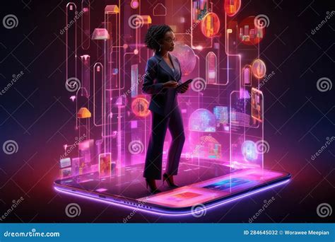 African Businesswoman Working With Data And Tablet Hologram With