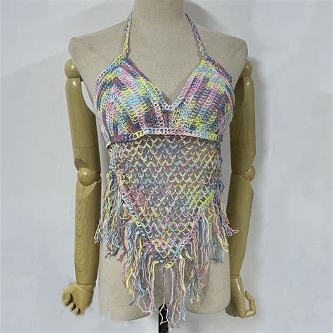 Camisola De Ganchillo Con Borlas Para Mujer Bikini Sexy Con Borlas Tops De Bikini Halter De