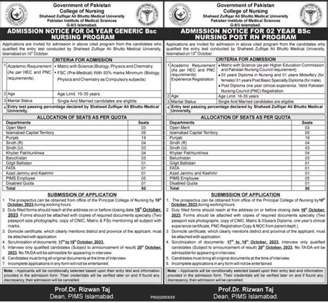 College Of Nursing Pims Islamabad Announces Bs Admission Online