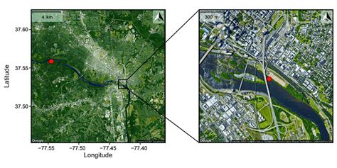 Map of the James River along Richmond, Virginia (USA). Red circles mark ...