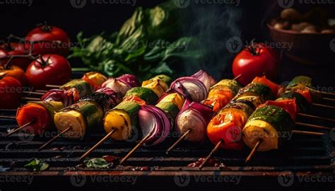 Grilled Meat And Vegetable Skewers On Coal A Gourmet Meal Generated By