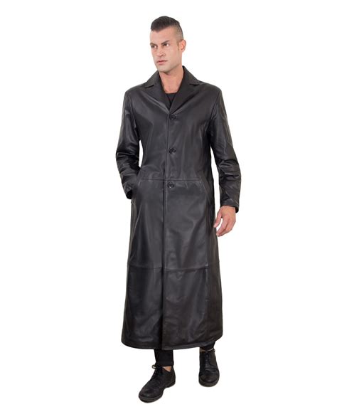 Mens Long Leather Coat Genuine Soft Leather 2 Pockets Buttons Closing