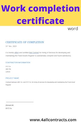 Work Completion Certificate Format In Word