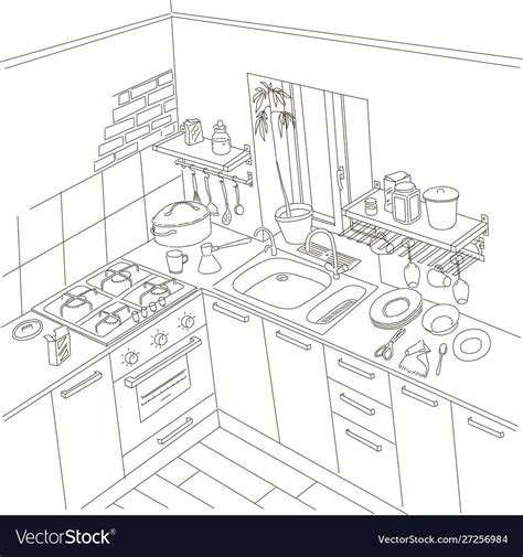 Kitchen anime background style line drawing art Vector Image