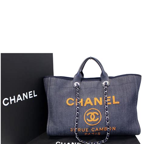 Chanel Deauville Large Denim Shopping Tote Bag Dark Blue