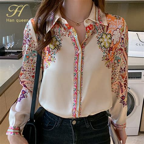 H Han Queen Autumn New Office Lady Blusa Vintage Print Tops Simple