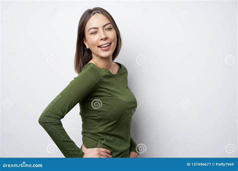 Happy Playful Brunette Woman Looking At Copy Space Stock Image Image Of Flirty Caucasian