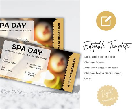 Editable Spa Day Voucher Personalized Massage Coupon Printable Gift