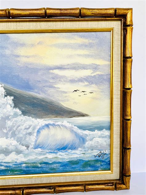 Vintage Original Oil Painting Of Seascapeoceanbeachwaves In Gold