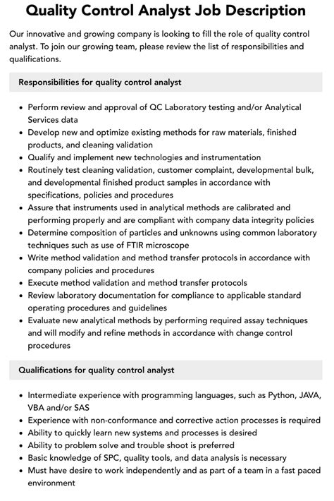 Quality Control Analyst Job Description Velvet Jobs