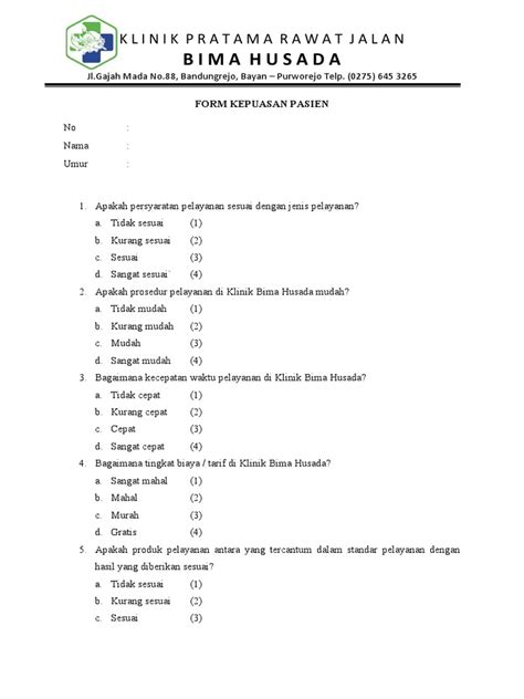 Form Kepuasan Pasien Pdf