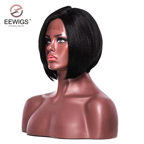 Light Yaki Short Bob Synthetic Lace Front Wigs For Women L Part Black