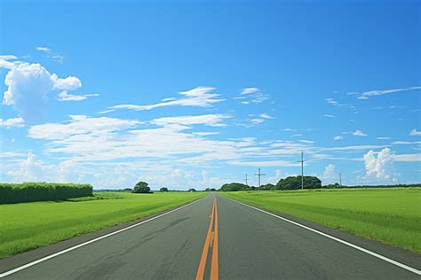 Empty Road Driving Through Green Grass Under Blue Sky Background