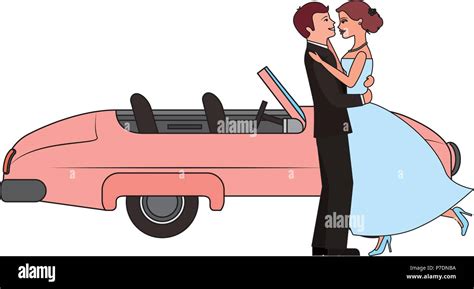 Just Married Couple With Car Isolated Icon Vector Illustration Design