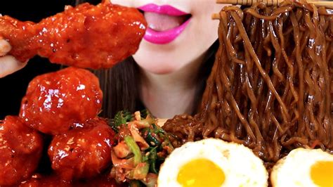 Asmr Black Bean Noodles Fried Chichen Egg Green Onion Kimchi