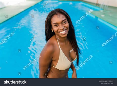 Smiling Black Woman Bikini Swimming Pool Stock Photo