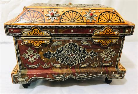 Boho Chic Moroccan Inlaid Bone Jewelry Chest Or Box With Brass Inlay