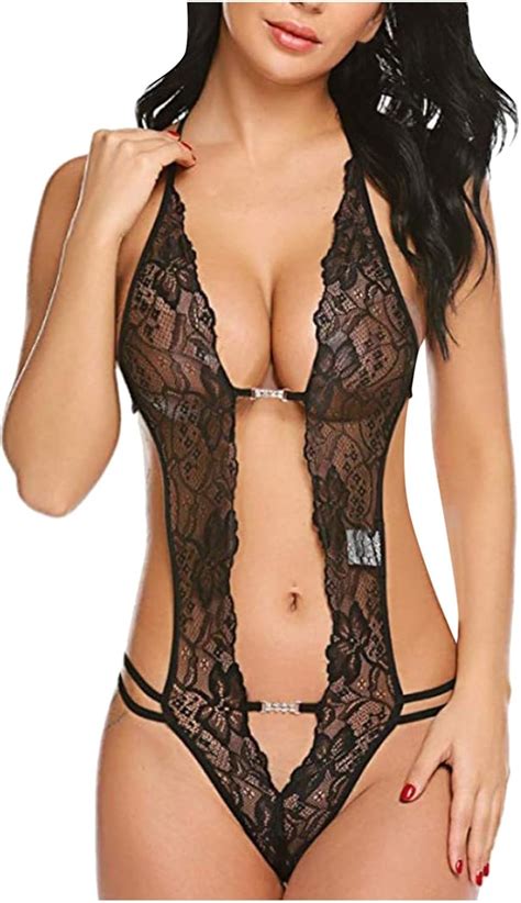 Womens Lingerie Bodysuit Sexy Lace Deep V Neck Babydolls Teddy Slutty