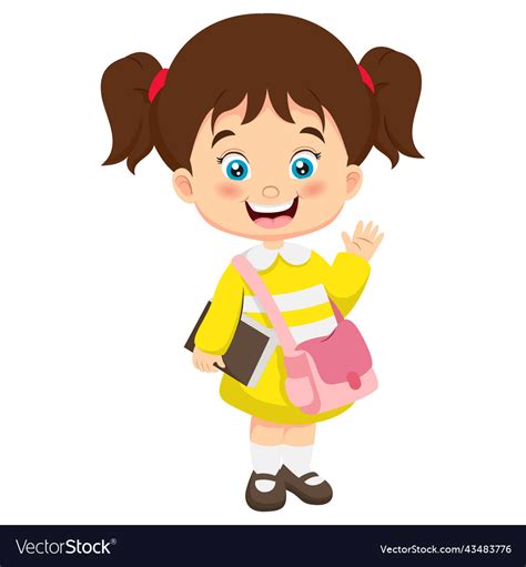 Cartoon little school girl waving hand Royalty Free Vector