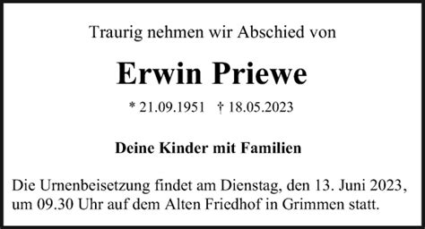 Traueranzeigen Von Erwin Priewe Trauer Anzeigen De