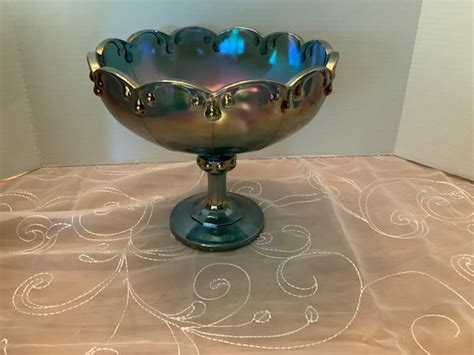 Vintage Blue Iridescent Carnival Glass Pedestal Bowl With Etsy