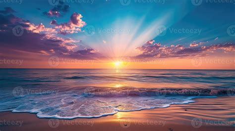 Ai Generated Colorful Ocean Beach Sunrise With Deep Blue Sky And Sun